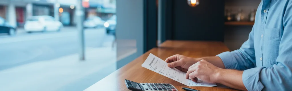 Small business owner checking an invoice against a calculator