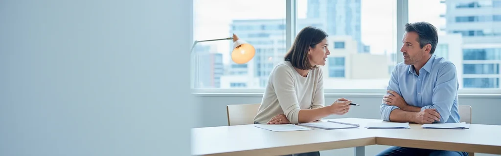 Two business partners comparing documents across an office desk