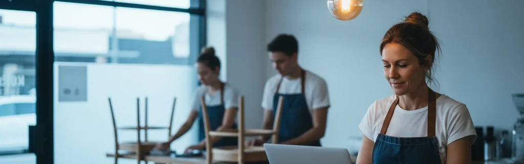 Cafe owner running payroll on a laptop while staff set up for the day