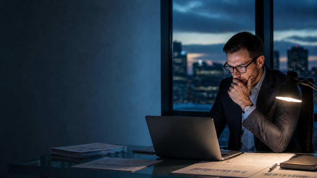 A business owner in glasses studying his laptop at a desk after dark, paperwork spread beside him and a city skyline behind
