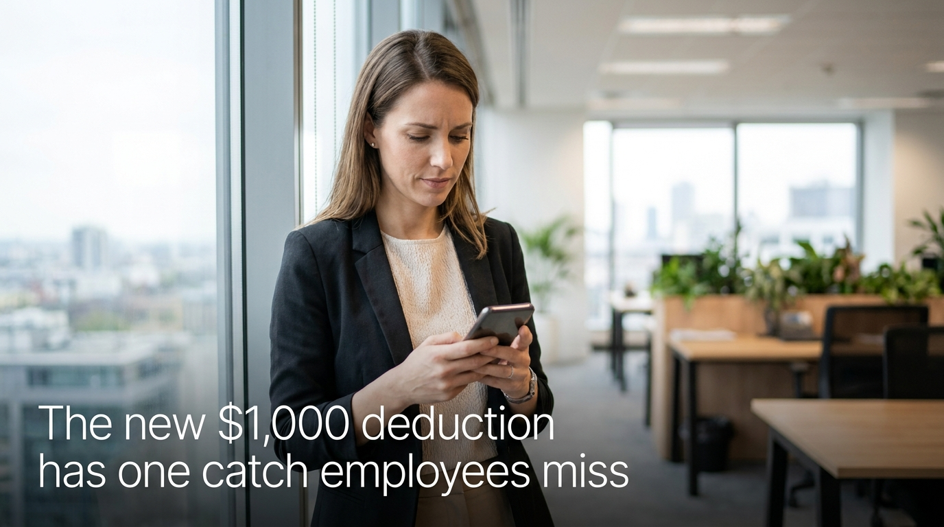 A professional woman in an office checking her phone beside a window, with the words: The new $1,000 deduction has one catch employees miss